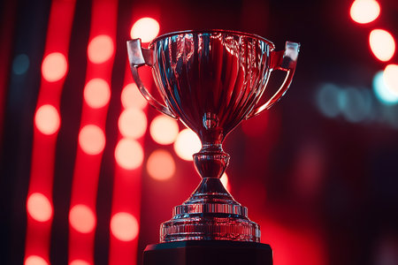 Trophy cup on the background of a red bokeh.の素材