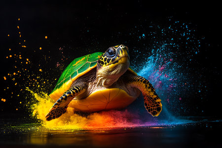 Turtle with splashes of colored dust on a black background.の素材