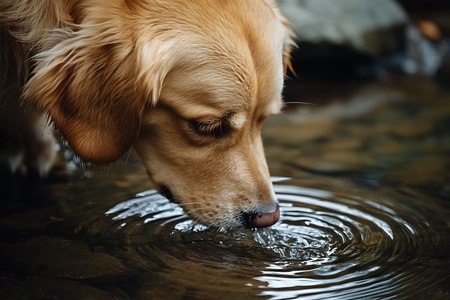 Golden retriever drinking water from the river. Close-up.の素材