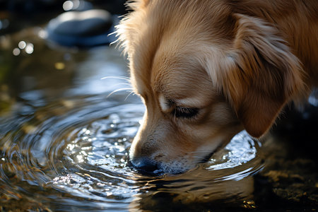 golden retriever drinking water in the lake. close-upの素材