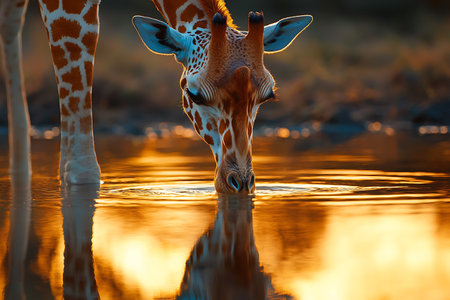 Giraffe drinking water at a waterhole in Zimbabwe, Africaの素材