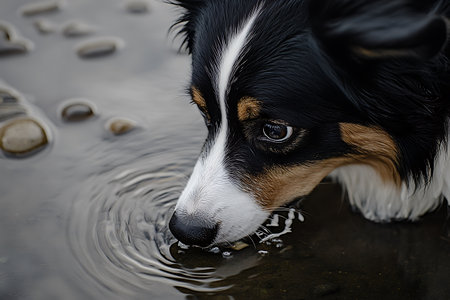 Portrait of a cute Australian shepherd dog drinking water from a puddleの素材