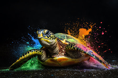 Turtle with colorful splashes on black background. Creative collage.の素材