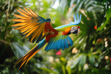beautiful Scarlet macaw parrot flying in the tropical forest.の素材