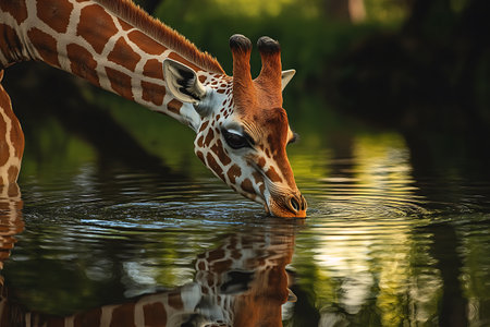 Giraffe drinking water at the Okavango Delta - Moremi National Park in Botswanaの素材