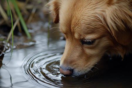 Cute golden retriever puppy bathes in a puddle.の素材
