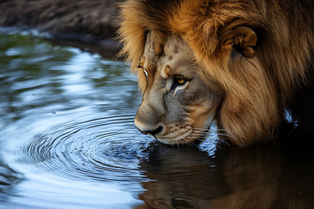 Portrait of a male lion drinking water at a waterhole.の素材