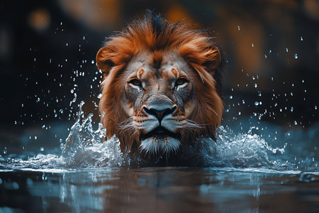 Portrait of a male lion in the water. Wildlife scene from Africa.の素材