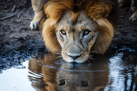 Male lion drinking water from a puddle in the Kruger National Park, South Africa.の素材