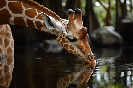 Giraffe drinking water from a pond in a park in Africaの素材