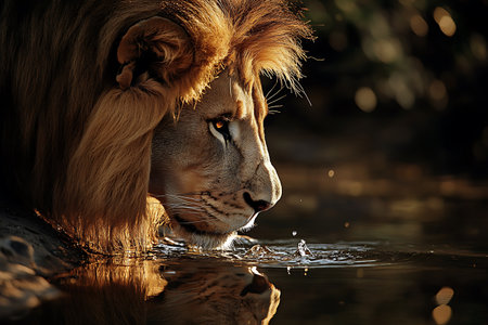 Lion drinking water in Kruger National Park, South Africa ; Specie Panthera leo family of Felidaeの素材