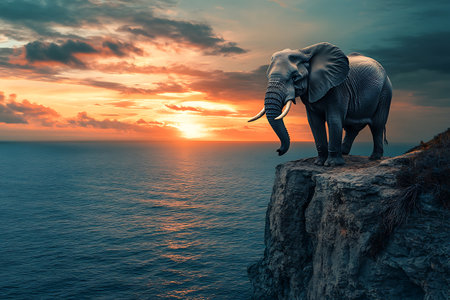 Elephant on the top of a cliff with beautiful sunset in the backgroundの素材