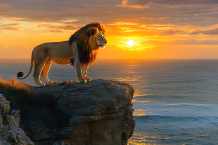 Lion on the cliff with sunset in the background, Cape Town, South Africaの素材