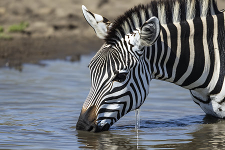 Burchell's Zebra (Equus quagga burchelli) drinking at a waterholeの素材