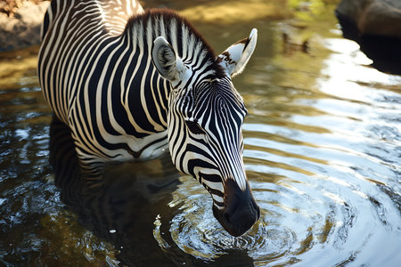 Zebra in the water, close-up of the head.の素材