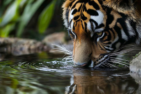 Close up of a tiger drinking water in a zoo, Thailand.の素材
