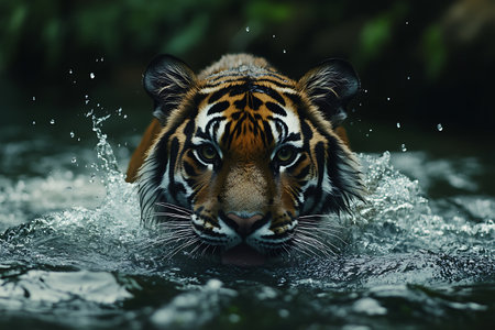 Close up of Amur Tiger in water, Panthera tigris altaicaの素材