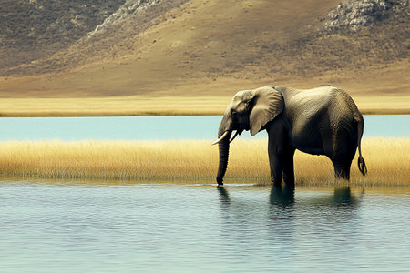 Elephant drinking at a waterhole in the highlands of South Africaの素材