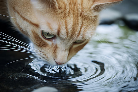 Cute cat drinking water from a fountain. Selective focus.の素材