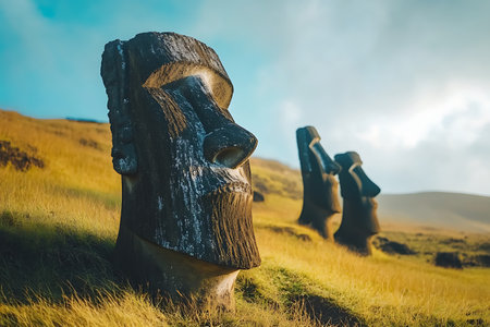 Moais on Easter Island, Chile. Easter Island is an island in the Pacific Ocean off the northwestern coast of Chile.の素材