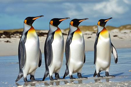 King penguins standing on the beach in Falkland Islands, Antarcticaの素材