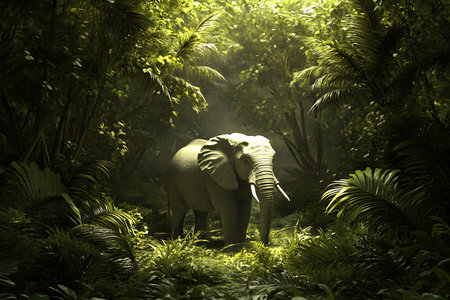 Elephant in the jungle. 3D render of an elephant in the jungle.の素材