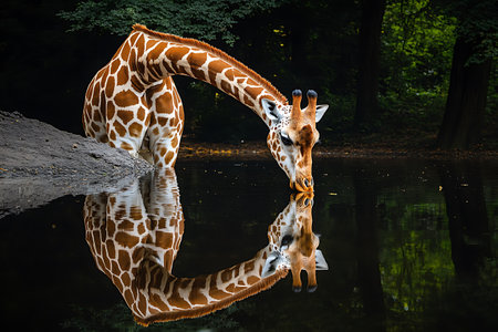 Giraffe reflected in the water of a pond in the forestの素材