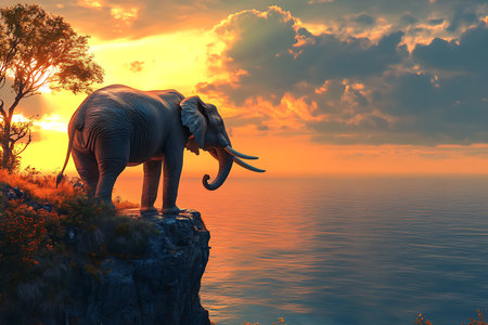 Elephant on the cliff above the sea at sunset. 3d renderの素材