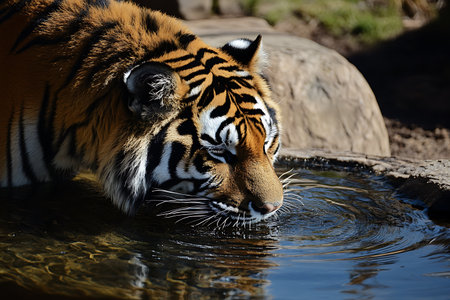 Close up of a tiger drinking water in a zoological park.の素材