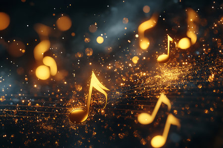 music notes on a dark background with bokeh. 3d illustrationの素材