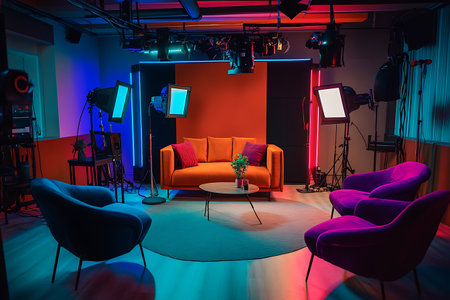 Interior of a studio with red and blue lighting. 3d renderingの素材