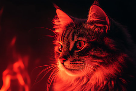 Portrait of a cat in front of a burning fireplace. Portrait of a cat on a dark background.の素材