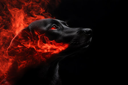 Portrait of a black dog with red smoke on a black backgroundの素材
