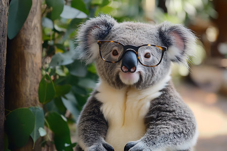 Cute koala in eyeglasses sitting on a tree branchの素材