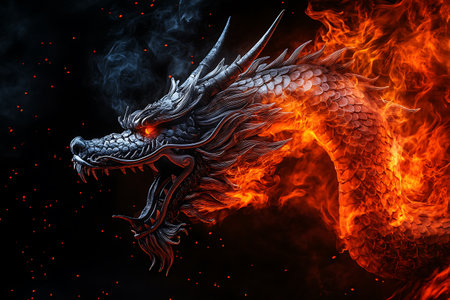 Dragon head with fire and smoke on black background. 3d illustrationの素材