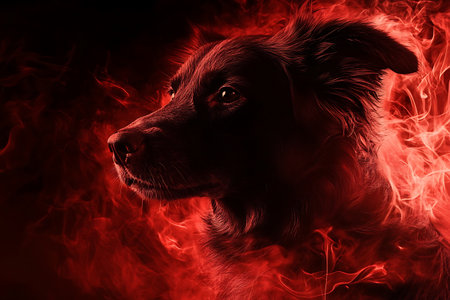 Portrait of a dog in a red smoke on a black backgroundの素材