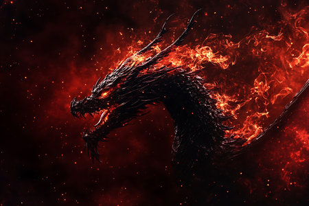 Dragon in fire. 3d illustration. Fire and smoke background.の素材