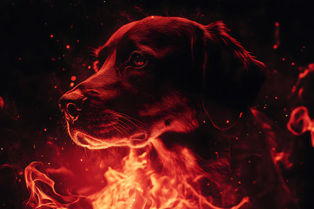 Portrait of a Labrador Retriever in the fire. Red background.の素材