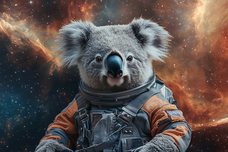 Portrait of a koala in an astronaut's suit against the background of the outer space.の素材