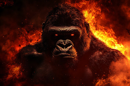 Angry gorilla in the fire. Aggressive gorilla in the fire.の素材