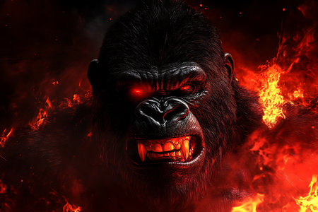 Angry gorilla in the fire. Horror movie. 3D illustration.の素材