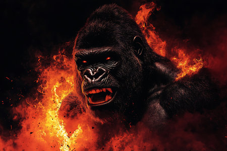 Angry gorilla in the fire. The concept of aggressive behavior.の素材