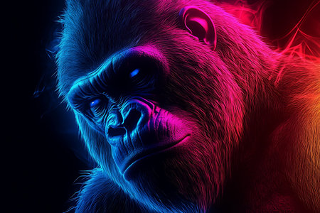 gorilla in neon light, 3d illustration, computer generated imagesの素材