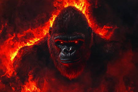 Angry gorilla on the background of a red fire. The concept of aggression.の素材
