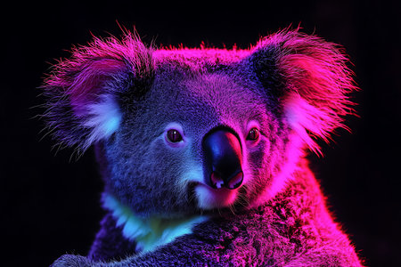 Koala bear on a black background in neon light. Australian native animal.の素材