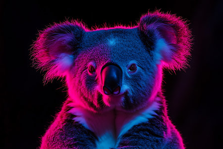 Portrait of a koala on a black background in neon lightの素材