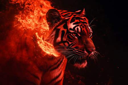 Portrait of a tiger in a fire with smoke and flames.の素材