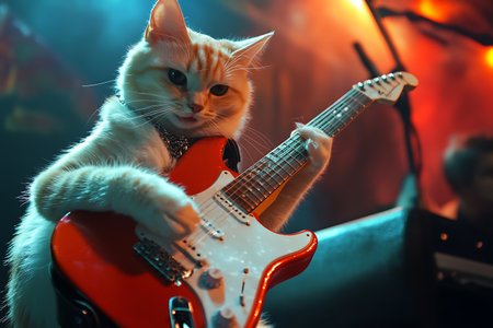 Cat playing the electric guitar on a dark background. The concept of music.の素材