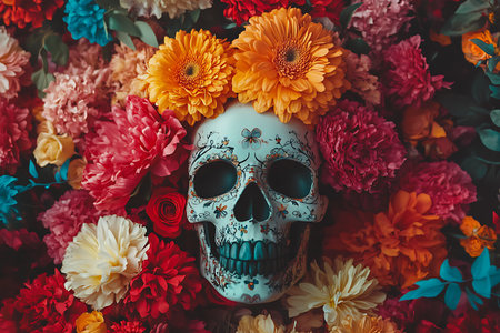 Day of the Dead sugar skull and colorful flowers background. Mexican holiday concept.の素材