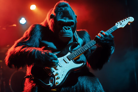 Gorilla with electric guitar on stage. Rock band performing live.の素材